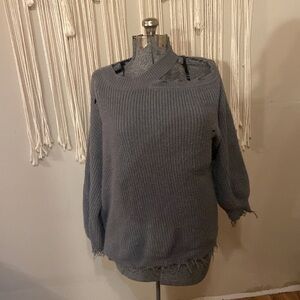 Dark grey distressed, one open shoulder sweater